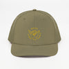Casquette trucker originale Good Vibes Only vert loden vue de face, broderie shaka dorée