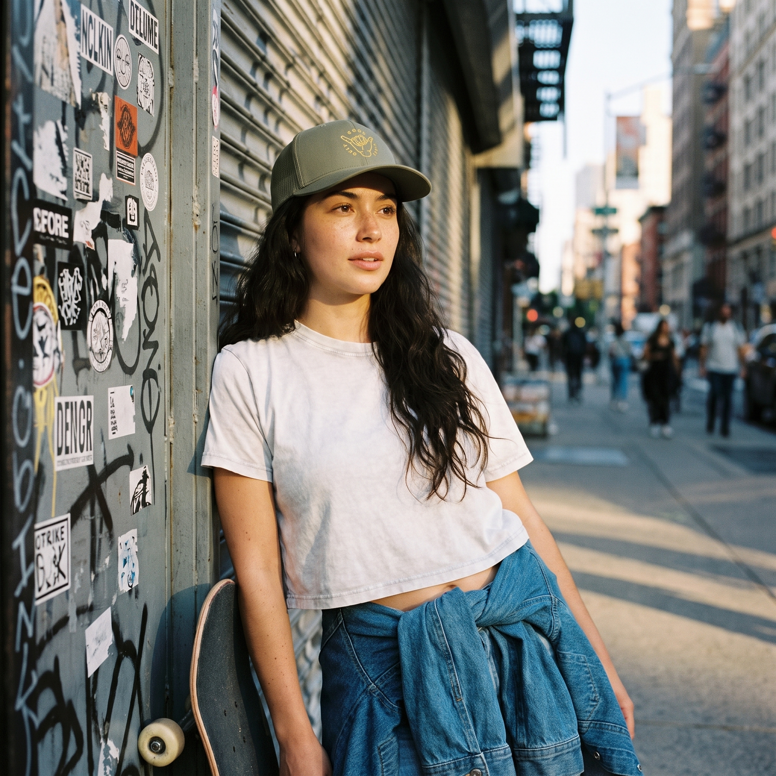 Casquette trucker Good Vibes Only vert loden portée par une femme, ambiance streetwear urbaine
