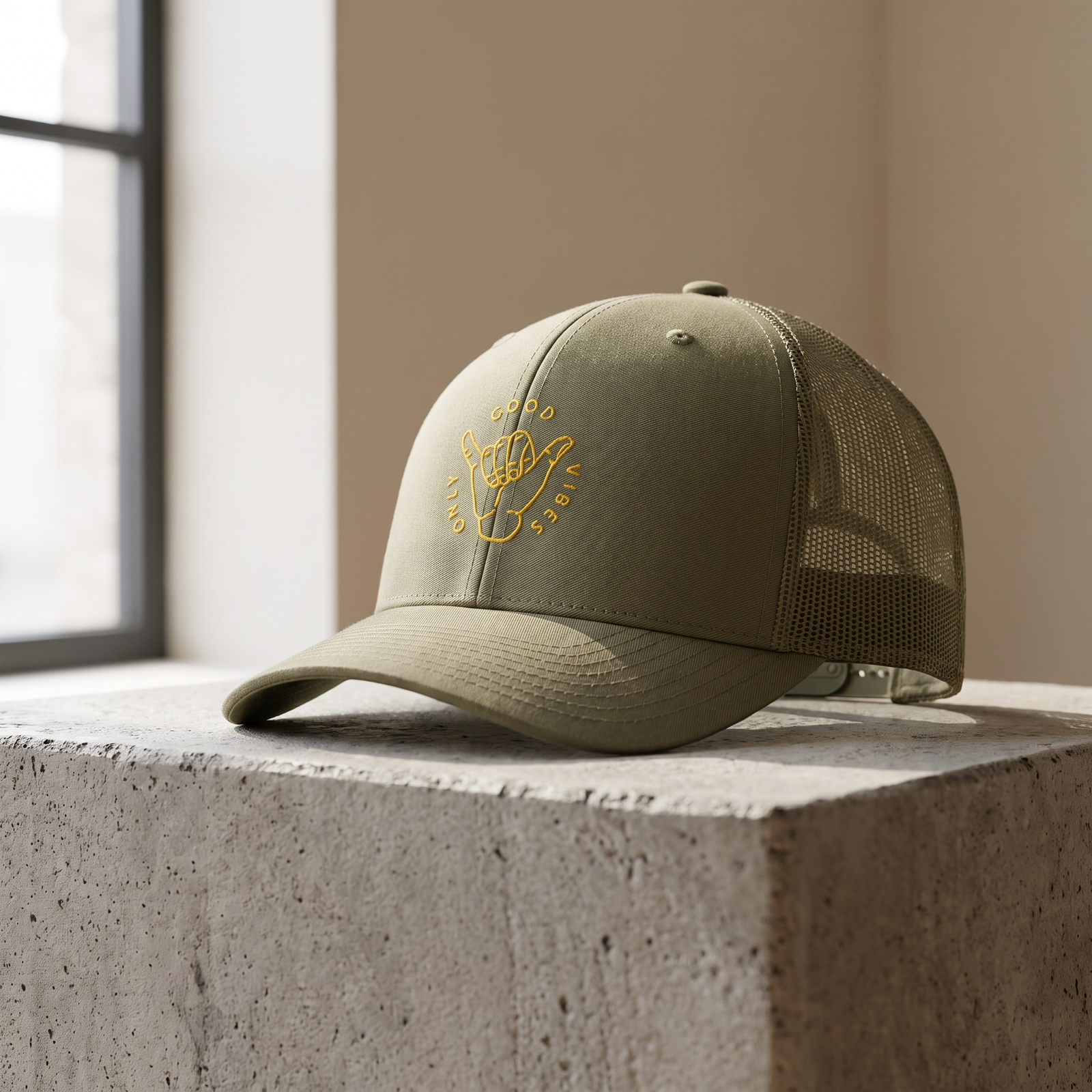 Casquette trucker Good Vibes Only vert loden vue de trois quarts, broderie shaka dorée