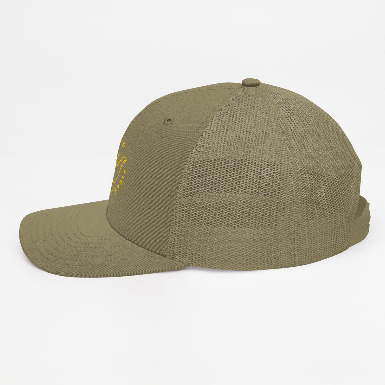 Casquette trucker Good Vibes Only vert loden, profil gauche avec visière incurvée