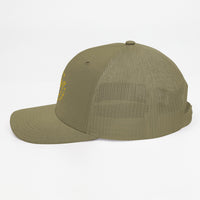 Casquette trucker Good Vibes Only vert loden, profil gauche avec visière incurvée