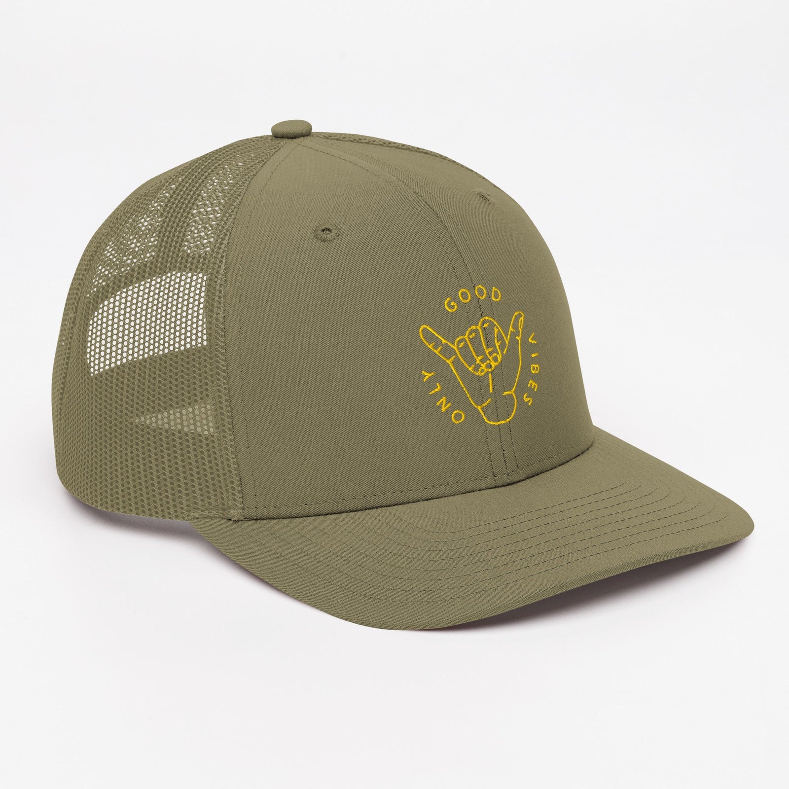 Casquette trucker Good Vibes Only vert loden brodée shaka, vue trois quarts droite