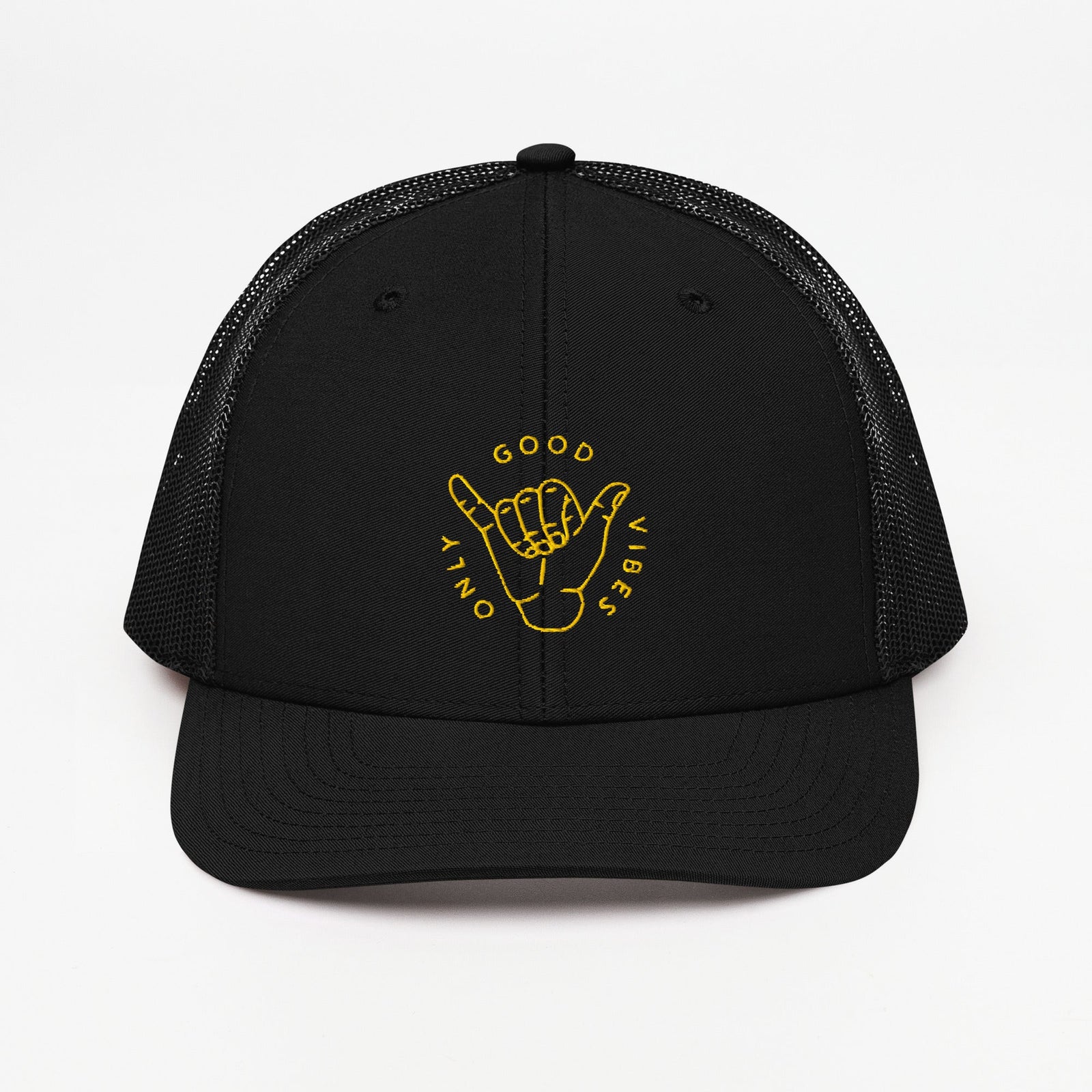 Casquette trucker originale Good Vibes Only noire vue de face, broderie shaka fil doré