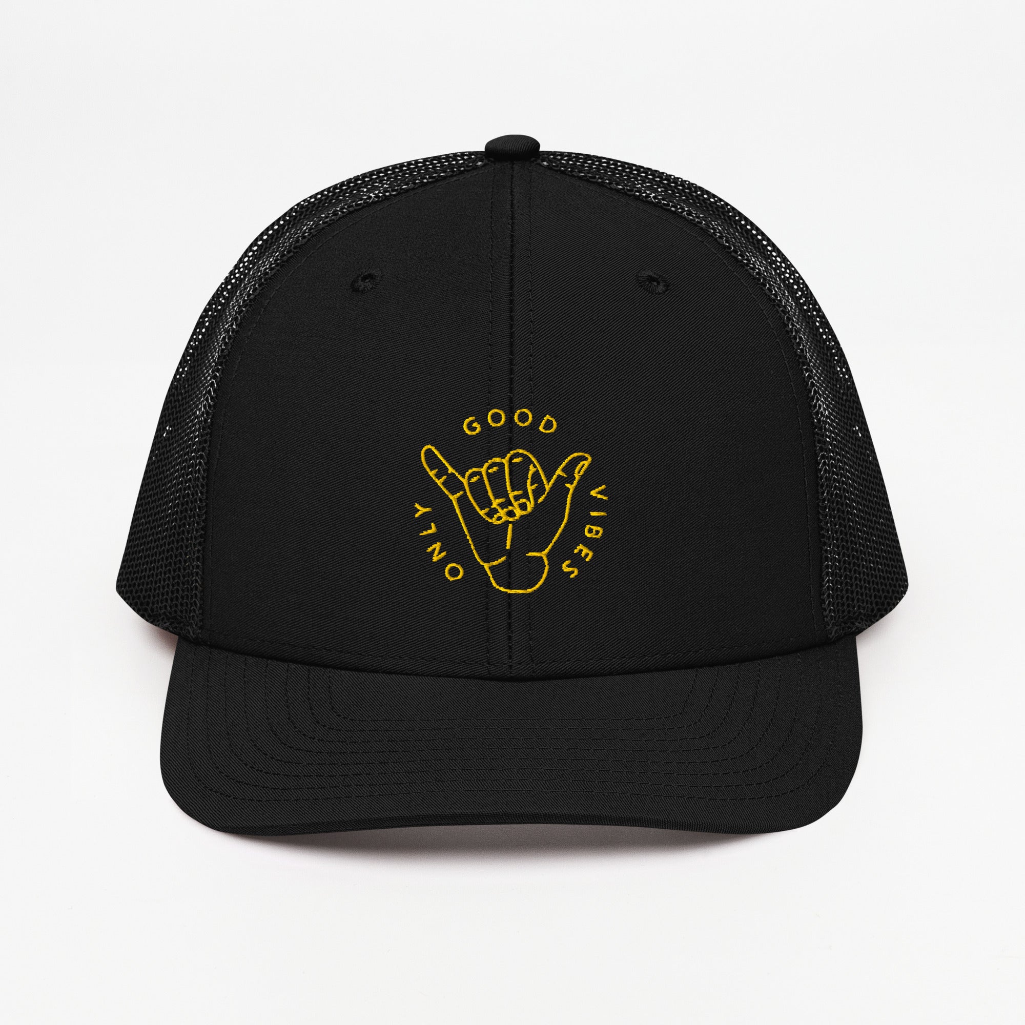 Casquette trucker originale Good Vibes Only noire vue de face, broderie shaka fil doré