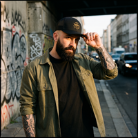 Casquette trucker Good Vibes Only noire portée par un homme en tenue streetwear urbaine