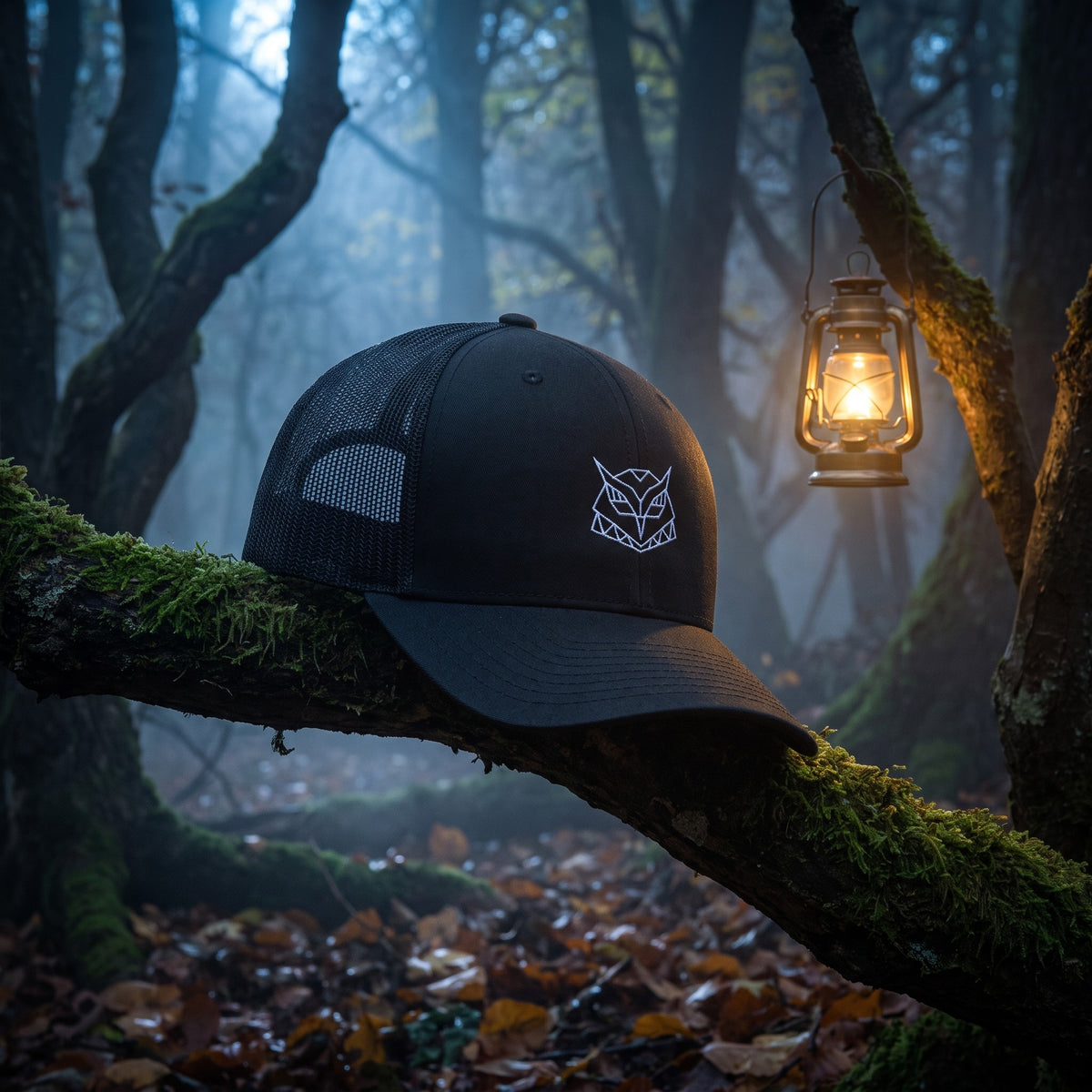 Casquette trucker Hiboux Origami noire posée dans une forêt nocturne brumeuse avec lanterne, ambiance CHT'M Boutique