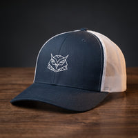 Casquette trucker Hiboux Origami bleu marine et blanc avec broderie hibou géométrique, CHT'M Boutique