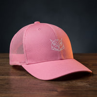 Casquette trucker Hiboux Origami rose avec broderie tête de hibou géométrique blanche, CHT'M Boutique