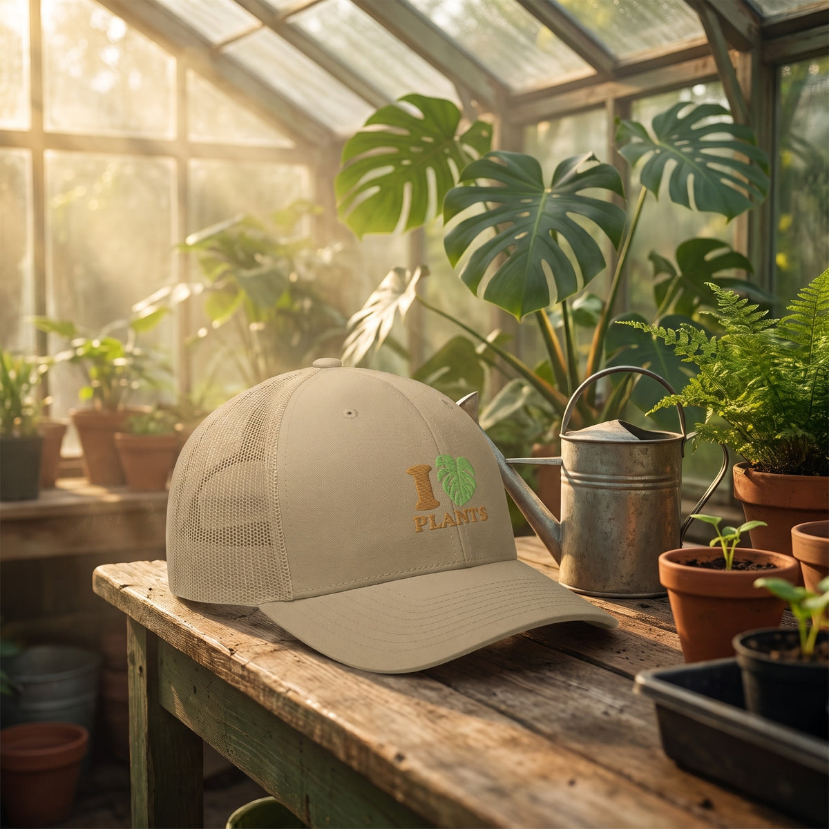 Casquette trucker kaki I LOVE PLANTS posée sur un établi de jardinier dans une serre victorienne ensoleillée avec monstera et fougères