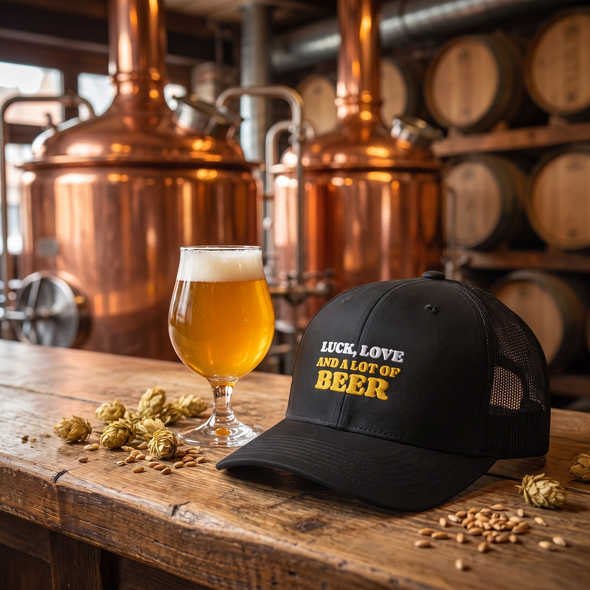 Casquette trucker noire « Luck, Love and a lot of Beer » posée sur un comptoir en bois dans une brasserie belge, cuves en cuivre et verre de bière