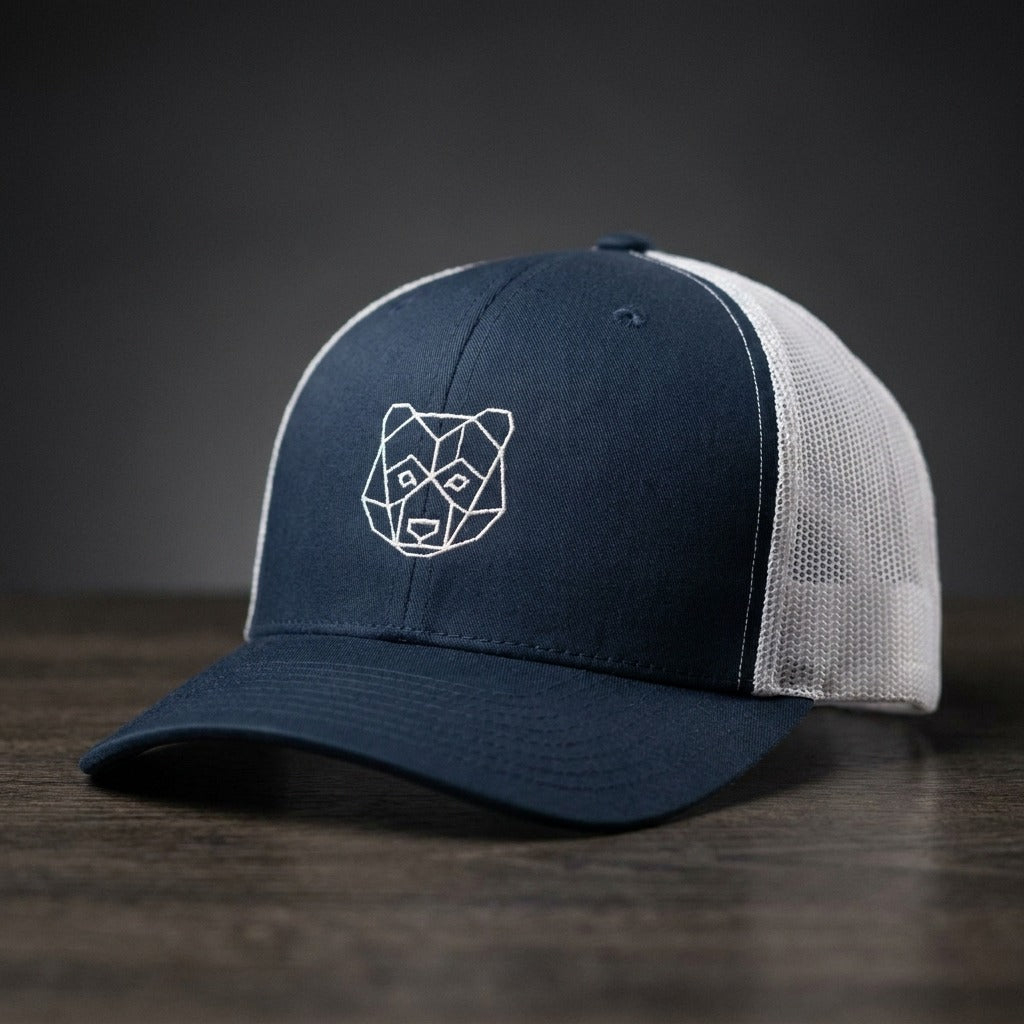 Casquette trucker OURS ORIGAMI bleu marine et blanc brodée motif ours origami - CHT'M Boutique
