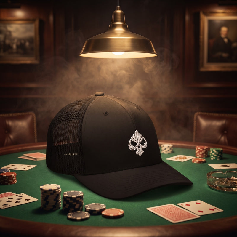 Casquette trucker Poker Skull posée sur une table de poker dans une salle clandestine