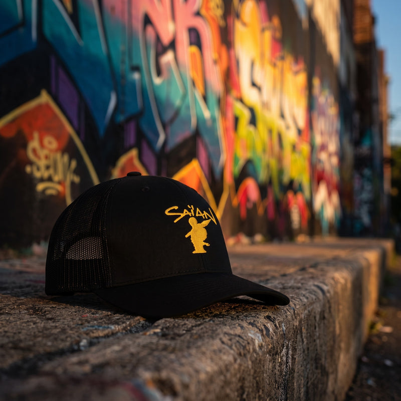 Casquette trucker Saïan Supa Crew posée sur un muret devant un mur de graffitis dans une ruelle