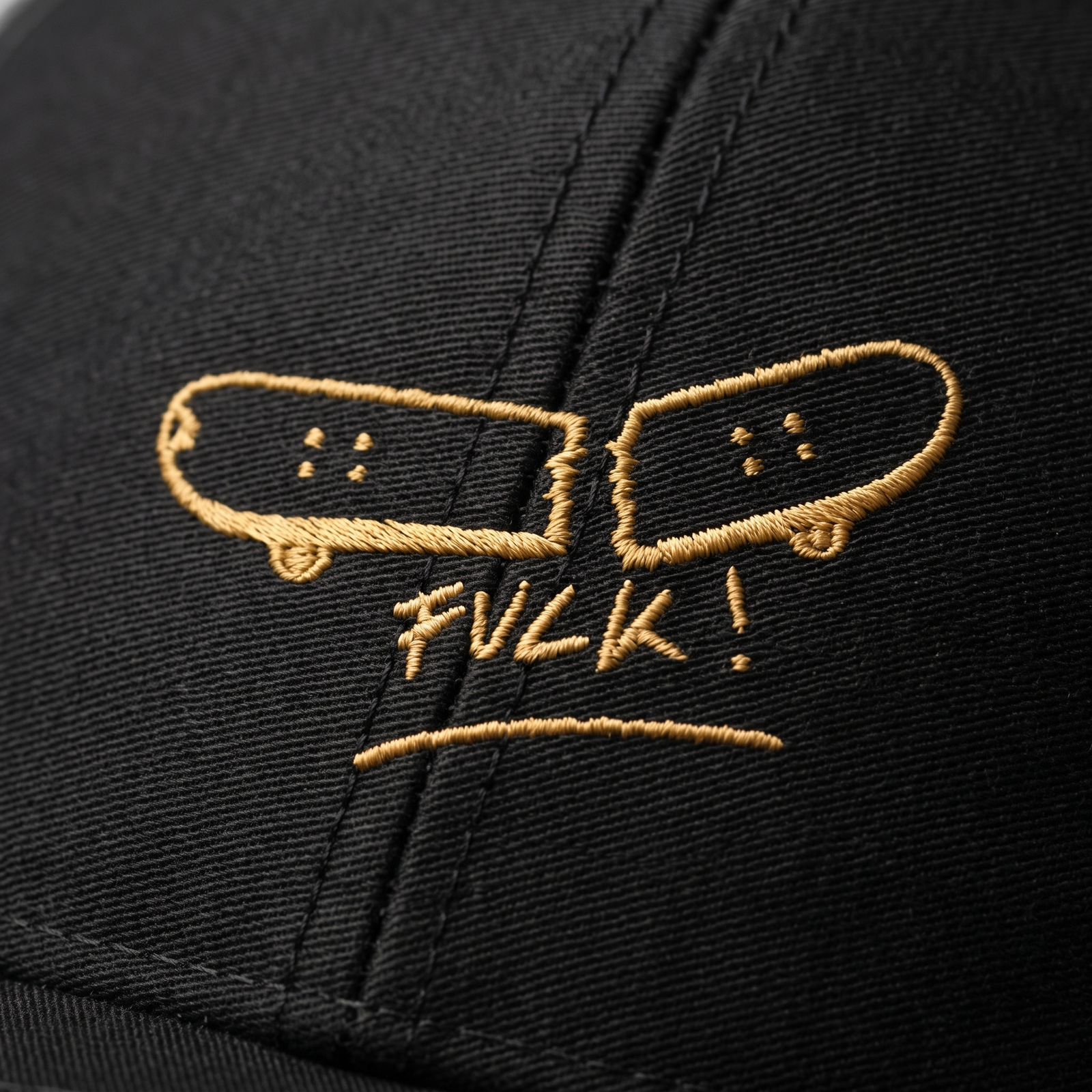 Macro de la broderie dorée sur le coton noir de la casquette skate originale