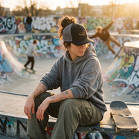 Casquette skate originale portée au skatepark, look streetwear femme