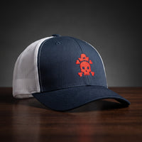 Casquette trucker tête de mort brodée rouge bleu marine et blanc - crâne pirate streetwear CHT'M Boutique