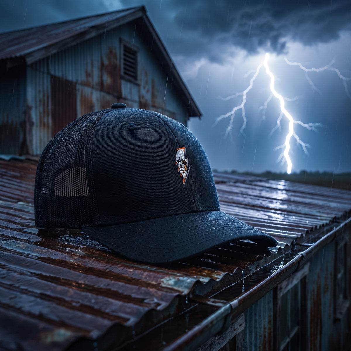 Casquette trucker Thunder Skull noire sur un toit de tôle rouillée sous un orage de nuit avec éclair