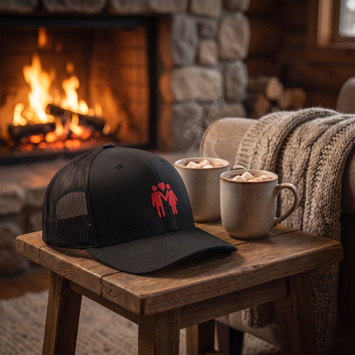 Casquette trucker TOGETHER posée près d'une cheminée cosy avec chocolat chaud, ambiance chaleureuse