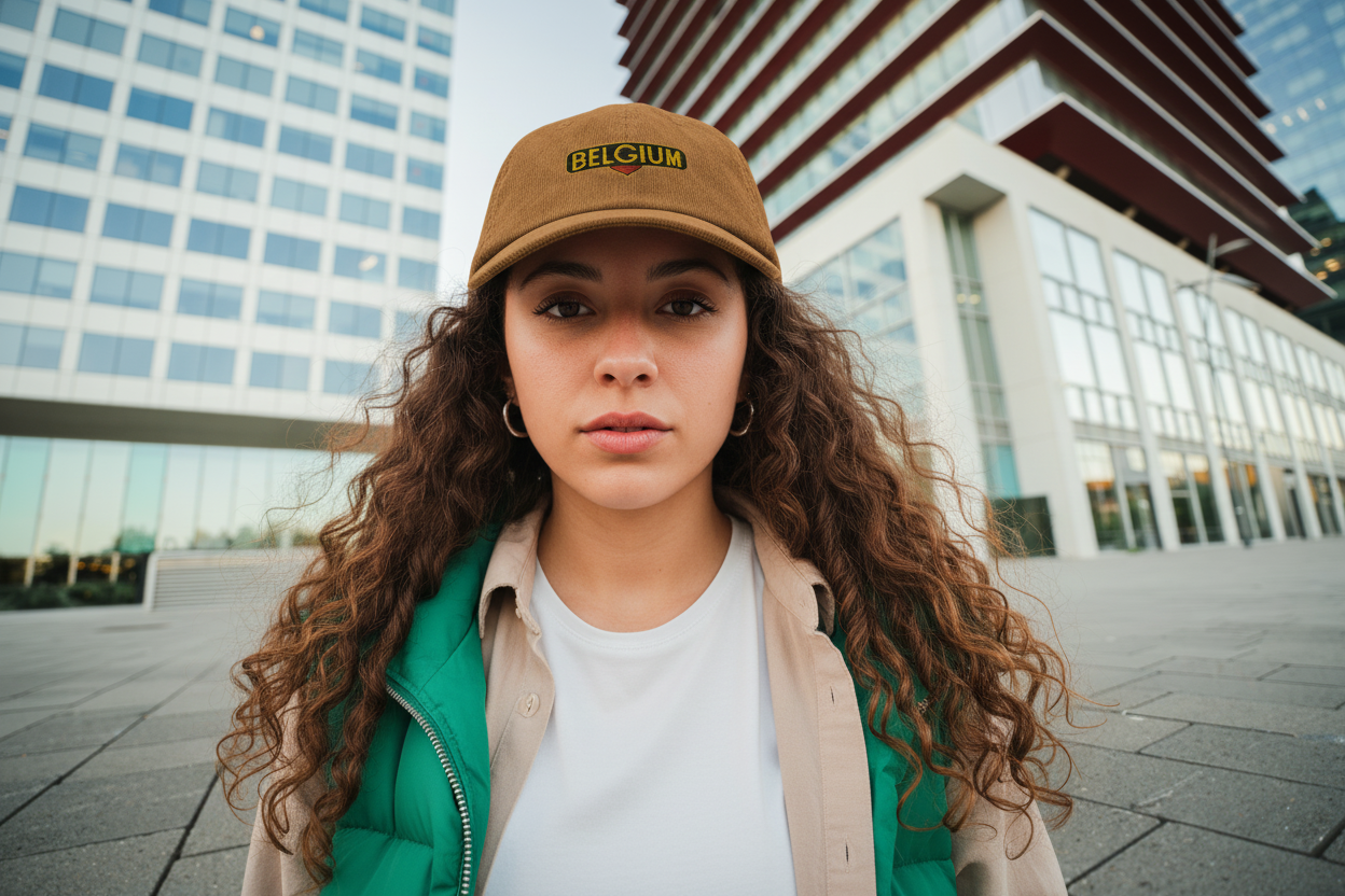 Casquette belge en velours côtelé beige Belgium, portrait d'une femme de face