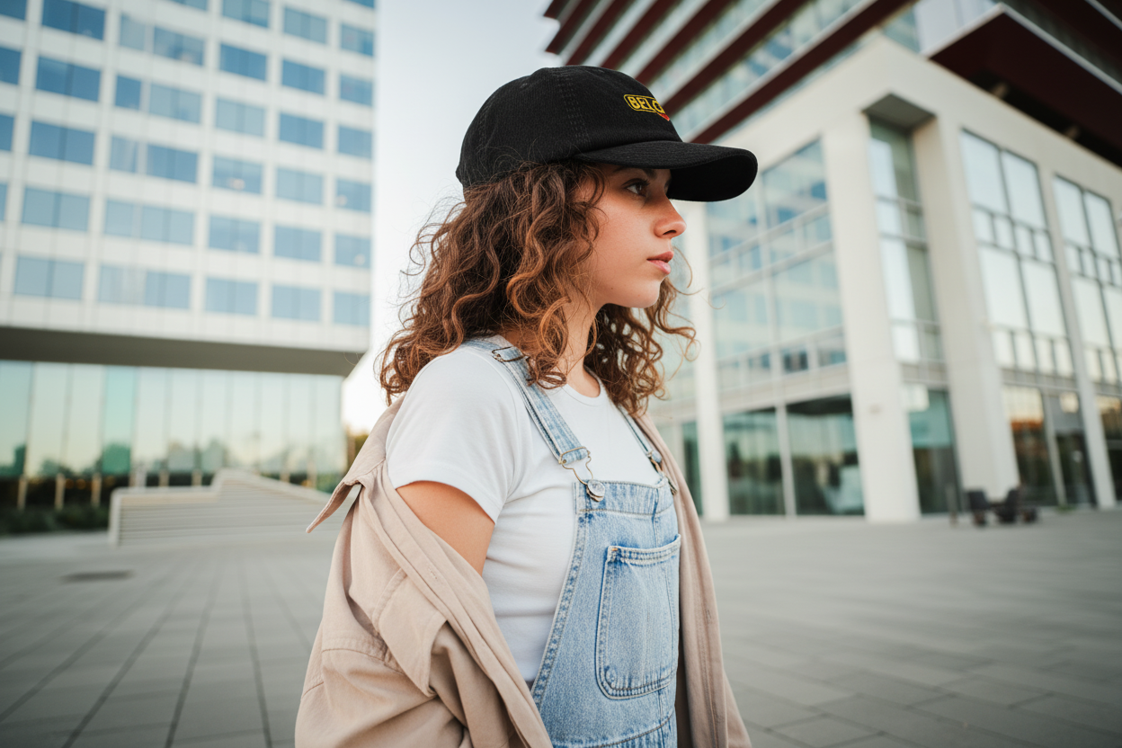 Casquette belge en velours côtelé noir Belgium portée de dos par une femme