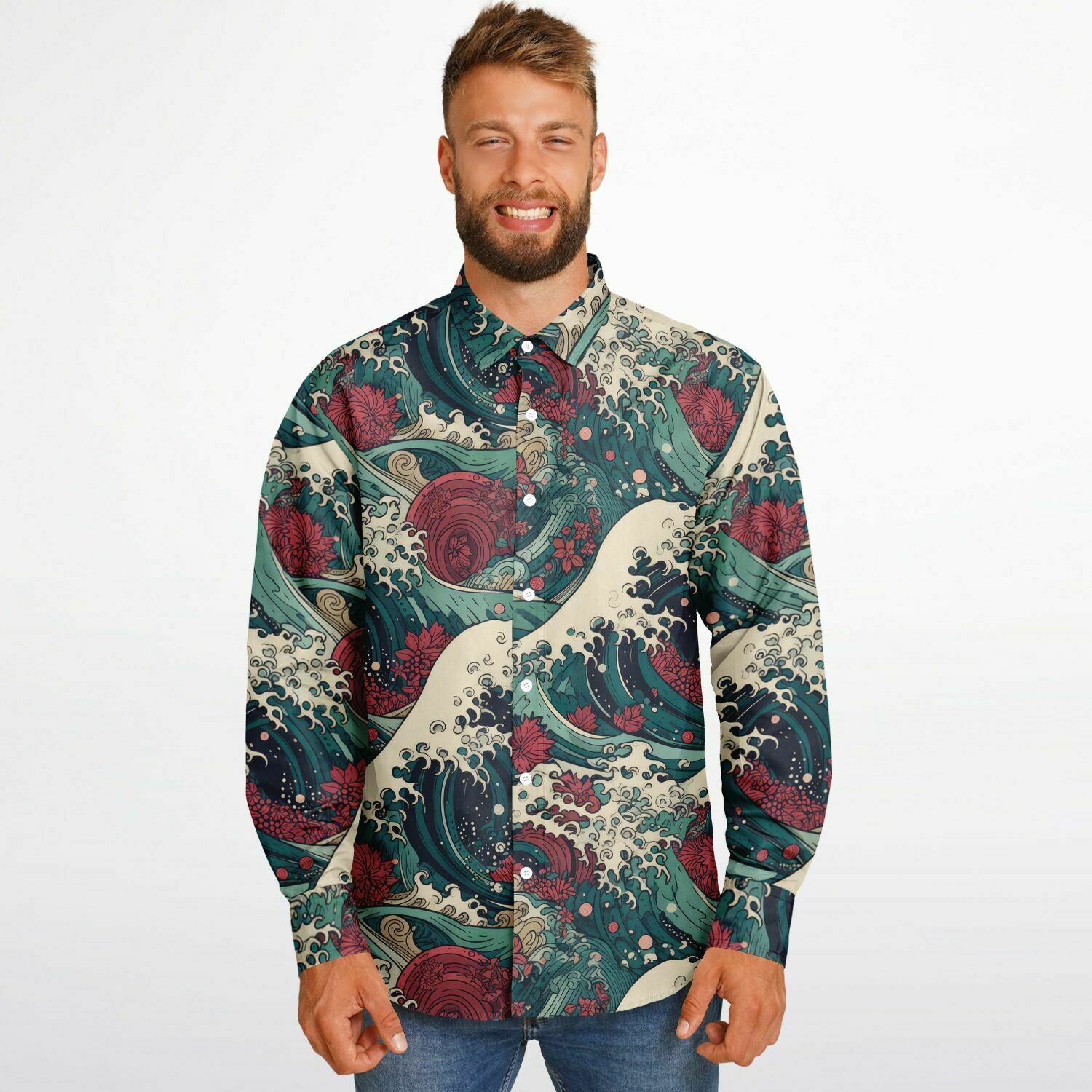 chemise à motifs vagues japonaises pour homme