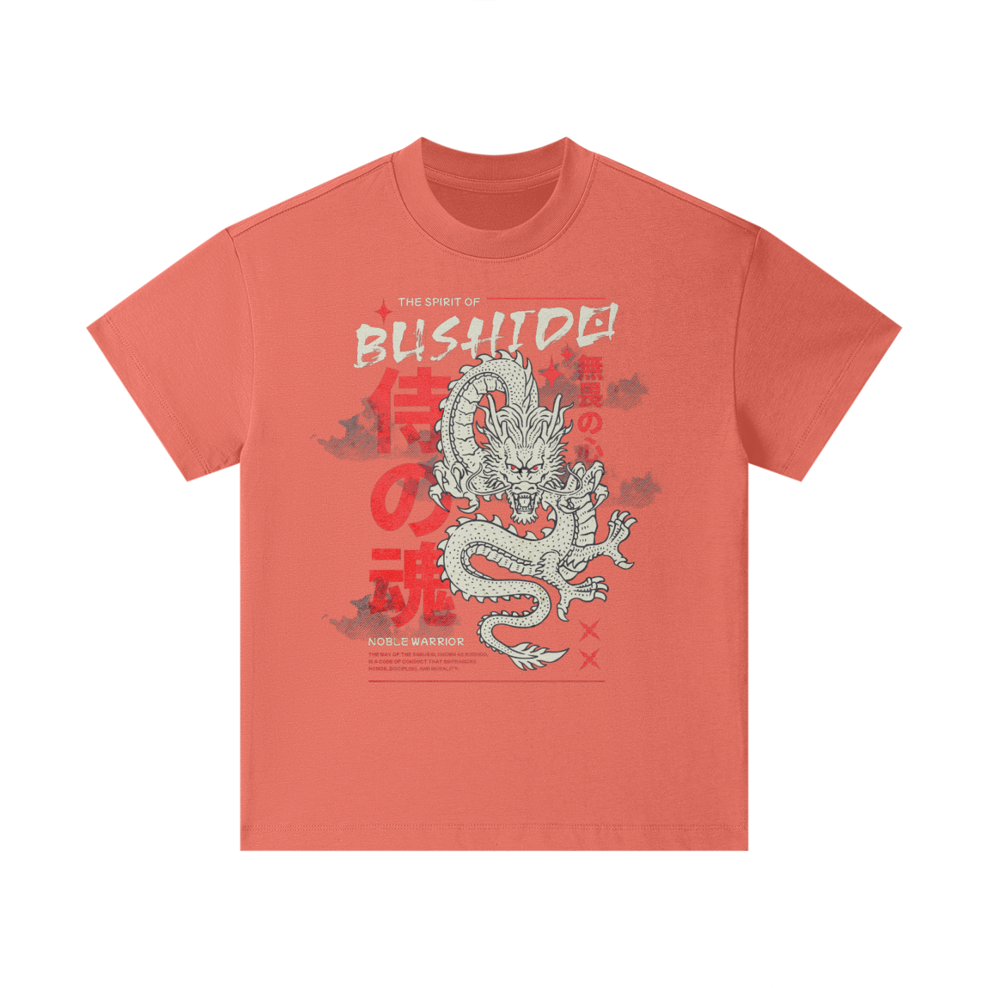 T-shirt oversized enfant Bushido en rouge corail - imprimé dragon japonais et kanji rouges
