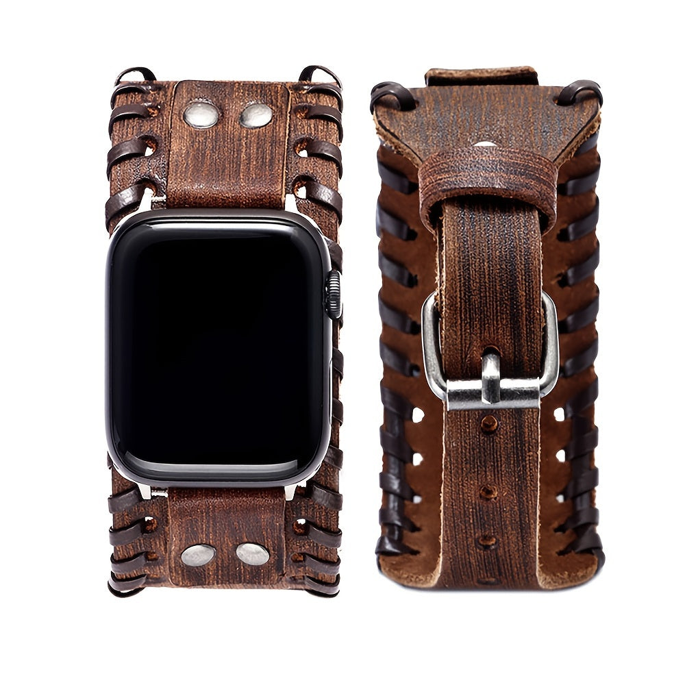 Bracelet Apple Watch manchette en cuir style punk, coloris brun vieilli