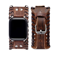 Bracelet Apple Watch manchette en cuir style punk, coloris brun vieilli