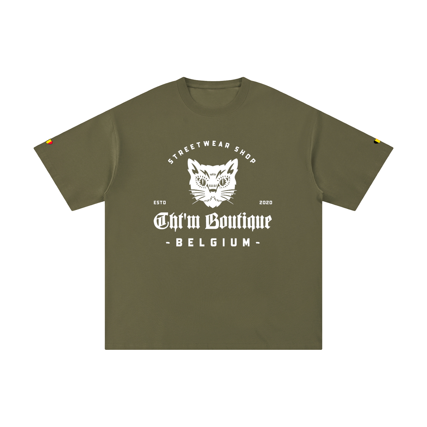 T-shirt oversized logo chat gothique en vert olive, imprimé blanc CHT'M Belgium, vue de face