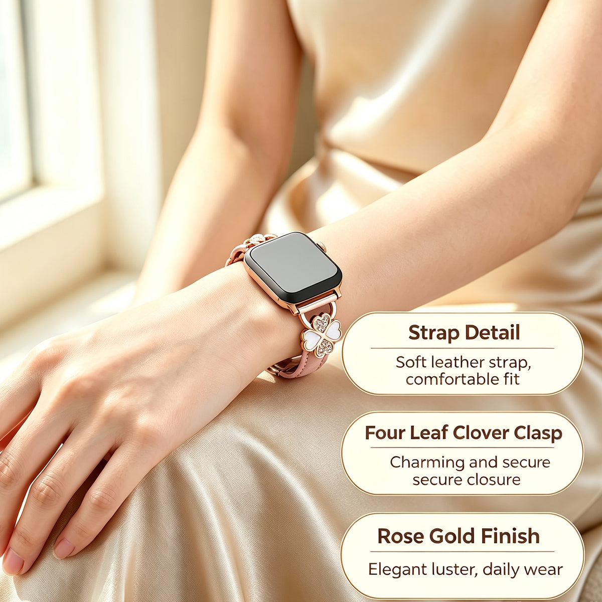 Bracelet Apple Watch fin en cuir avec attaches bijou, vue détaillée 3