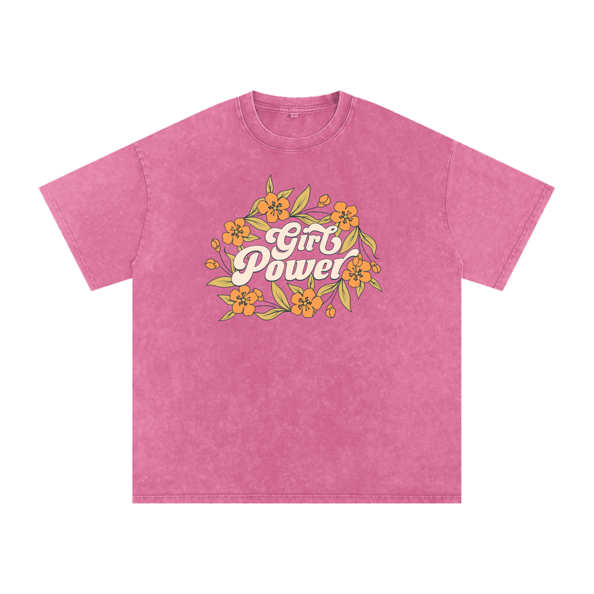 T-shirt femme oversized Girl Power en rose fuchsia - bouquet rétro et feuillage vert olive
