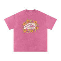 T-shirt femme oversized Girl Power en rose fuchsia - bouquet rétro et feuillage vert olive