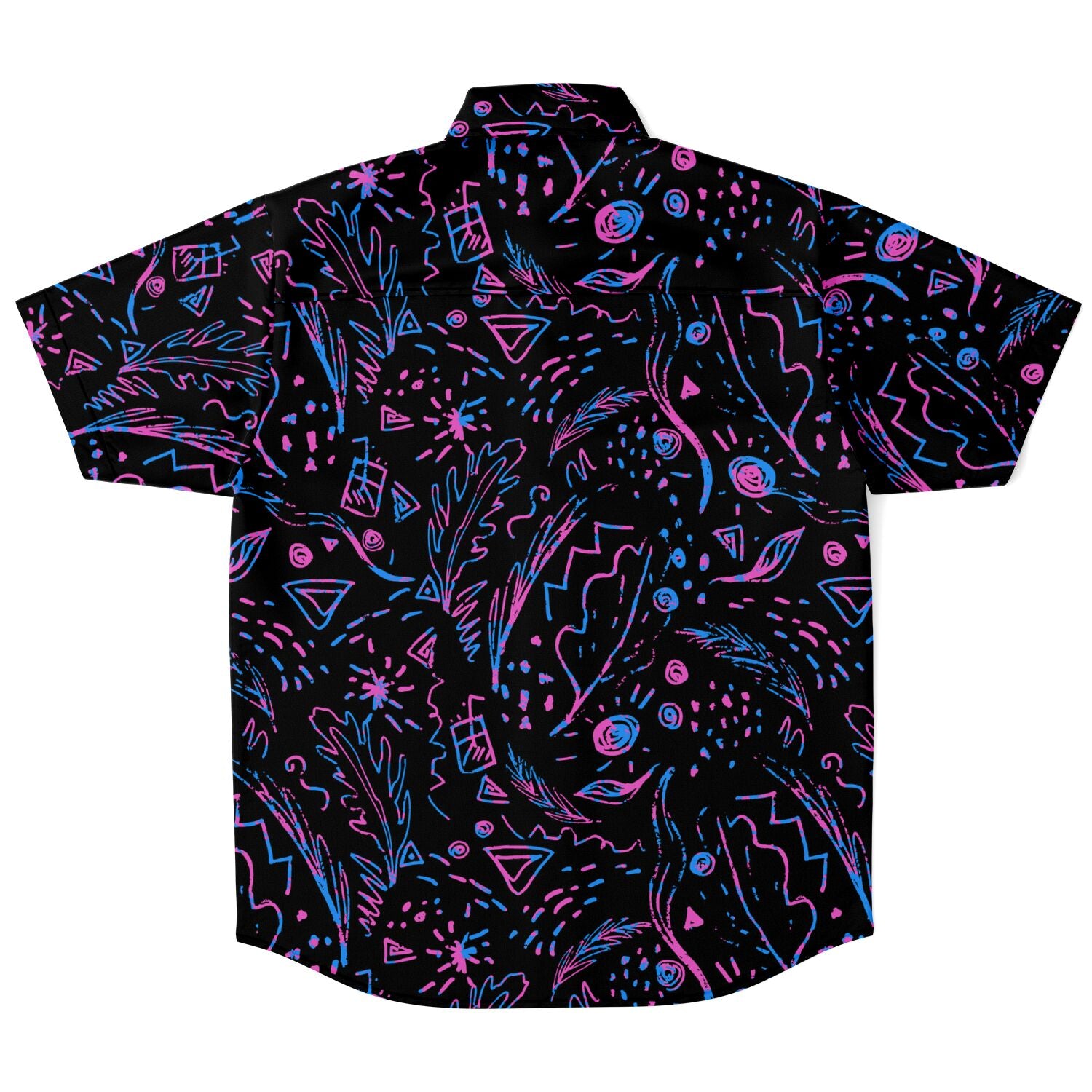 Chemise homme manches courtes noire motif néon abstrait, vue de dos à plat