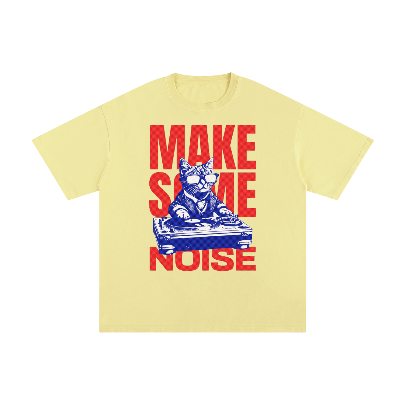 T-shirt oversized chat DJ en jaune clair - typographie Make Some Noise rouge vif