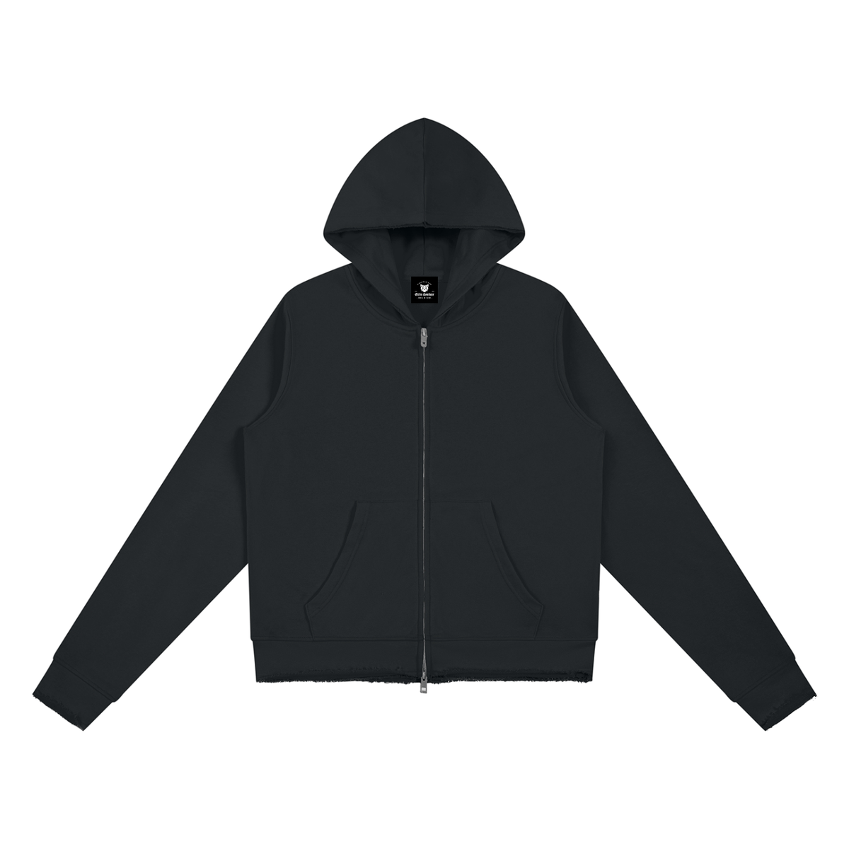 Sweat zippé capuche femme original noir à bord brut, vue de face