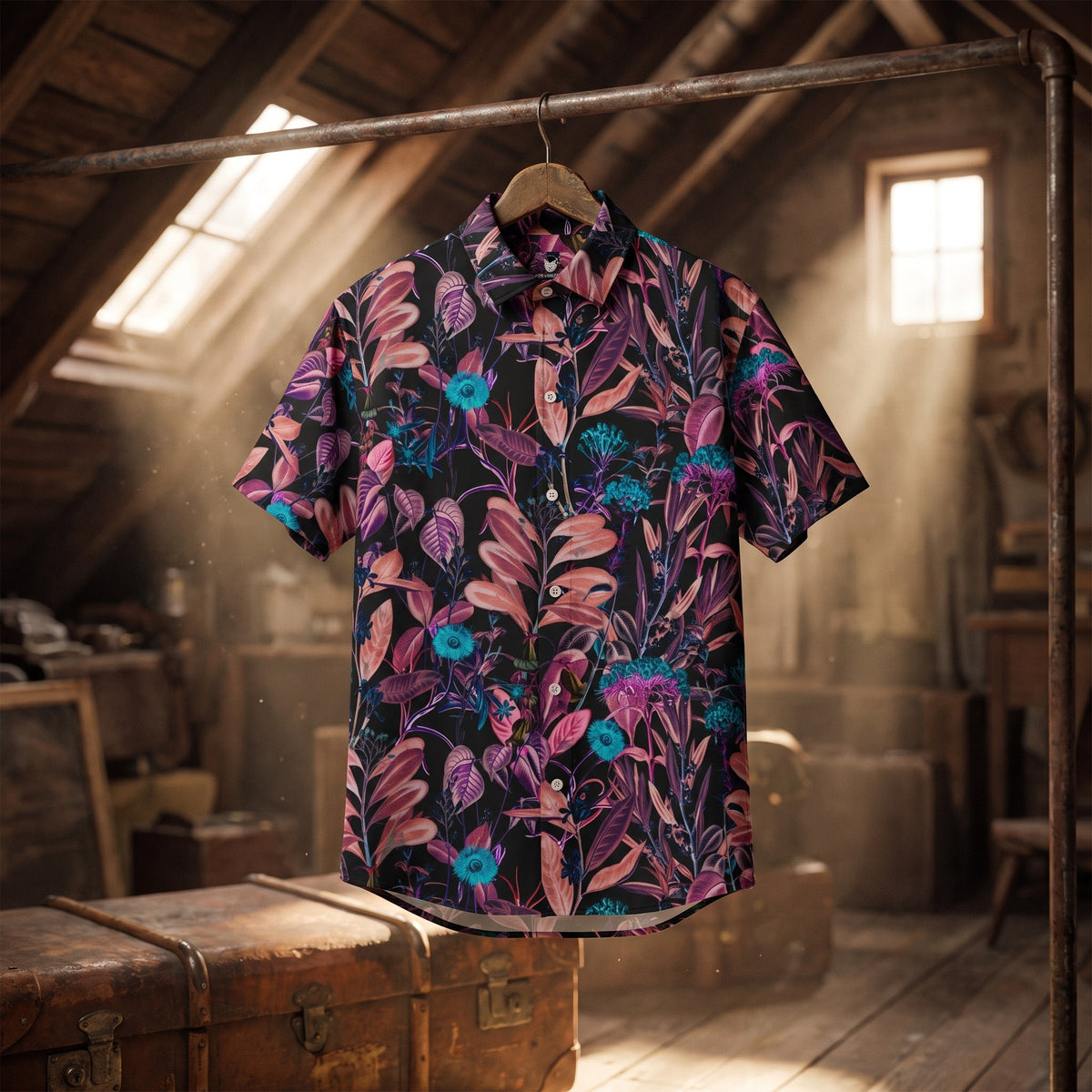 Chemise homme à manches courtes noire à feuillage rose et fleurs bleues suspendue sur un cintre, sur un portant ancien dans un grenier vintage avec malle en cuir - CHT'M Boutique