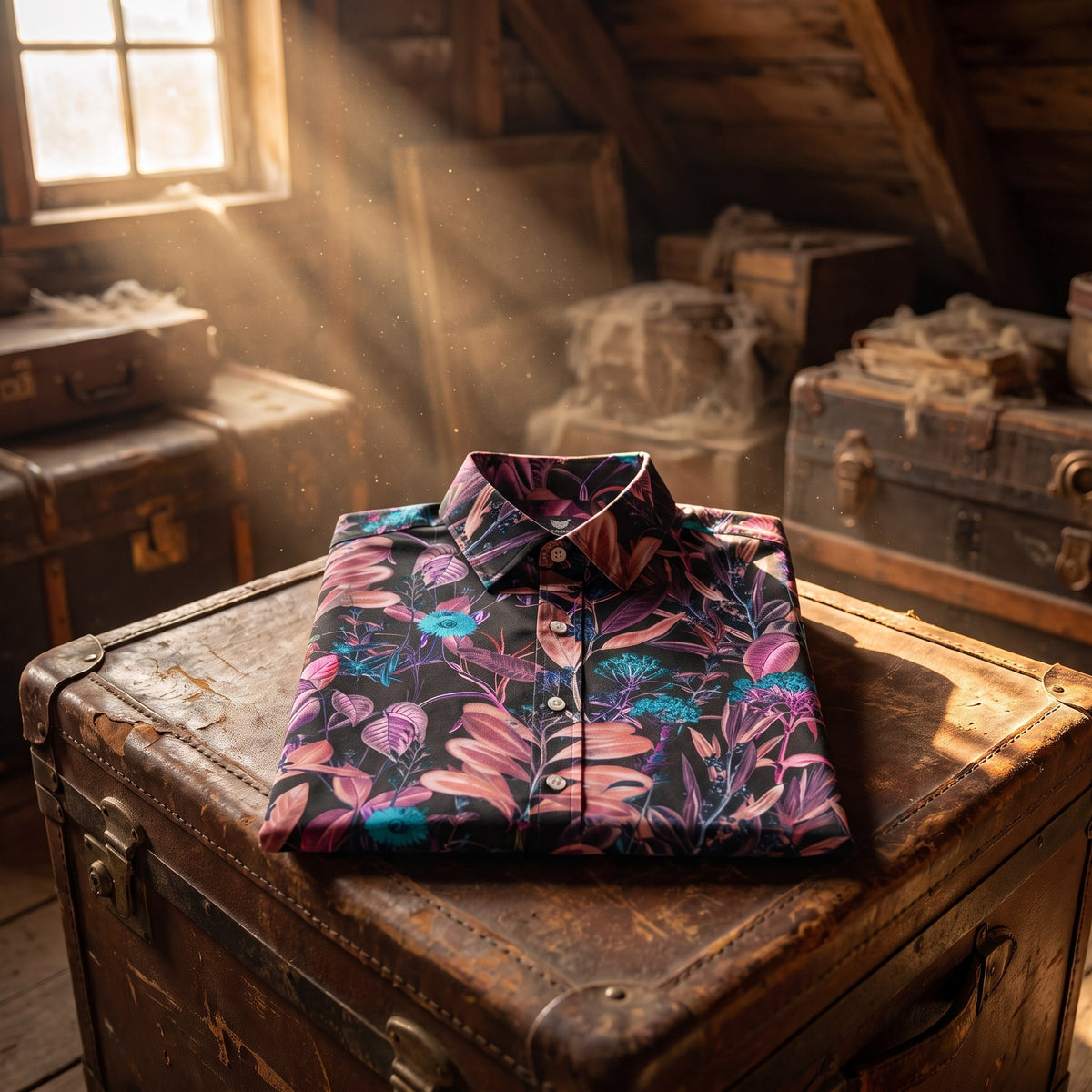 Chemise homme à manches courtes noire à feuillage rose et fleurs bleues pliée sur une vieille malle en cuir dans un grenier vintage - CHT'M Boutique