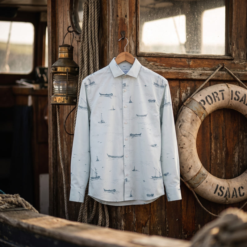 Chemise homme à manches longues bleu ciel à petits bateaux suspendue sur un cintre, à un crochet sur la cabine en bois d'un vieux bateau de pêche avec cordages et bouée - CHT'M Boutique
