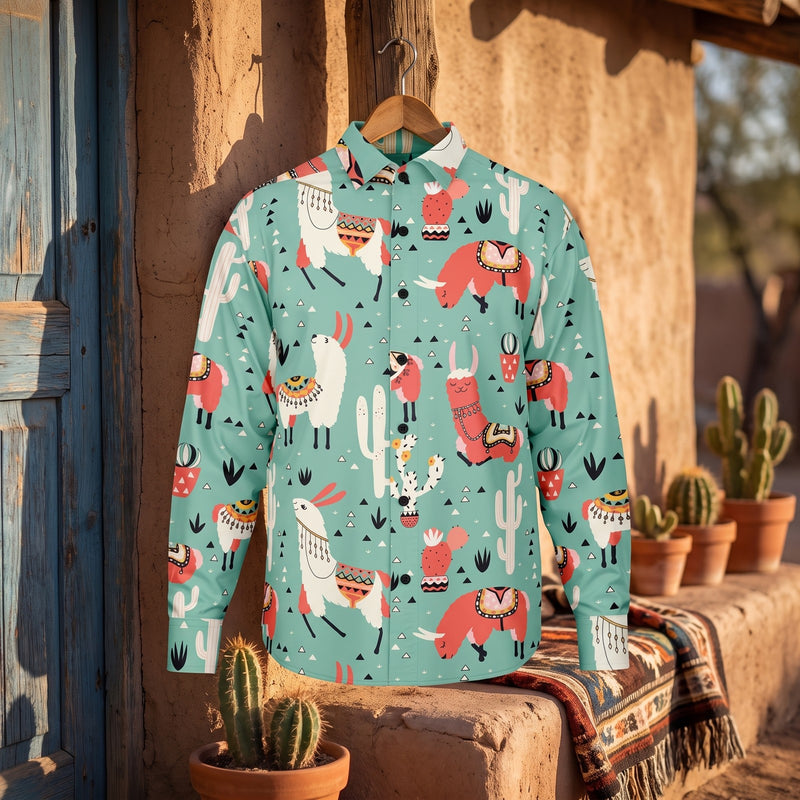 Chemise homme à manches longues vert menthe à grands lamas suspendue sur un cintre, contre un mur en adobe avec porte bleue, cactus en pot et couverture andine - CHT'M Boutique