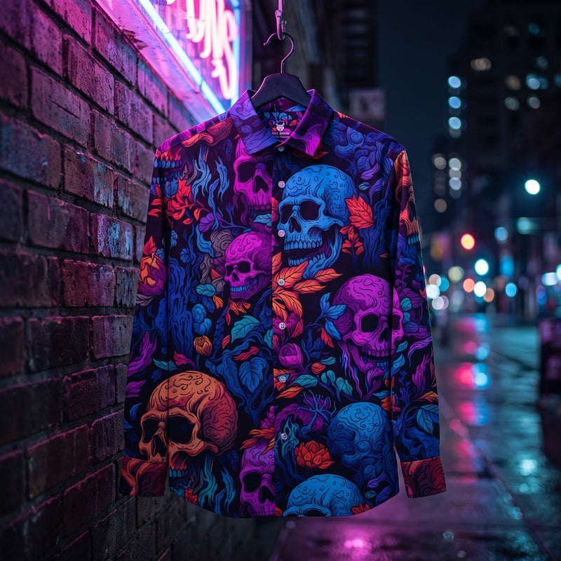 Chemise homme à manches longues à têtes de mort fluo violettes et bleues suspendue sur un cintre, à un crochet sur un mur de briques sombre éclairé par des néons rose et bleu - CHT'M Boutique