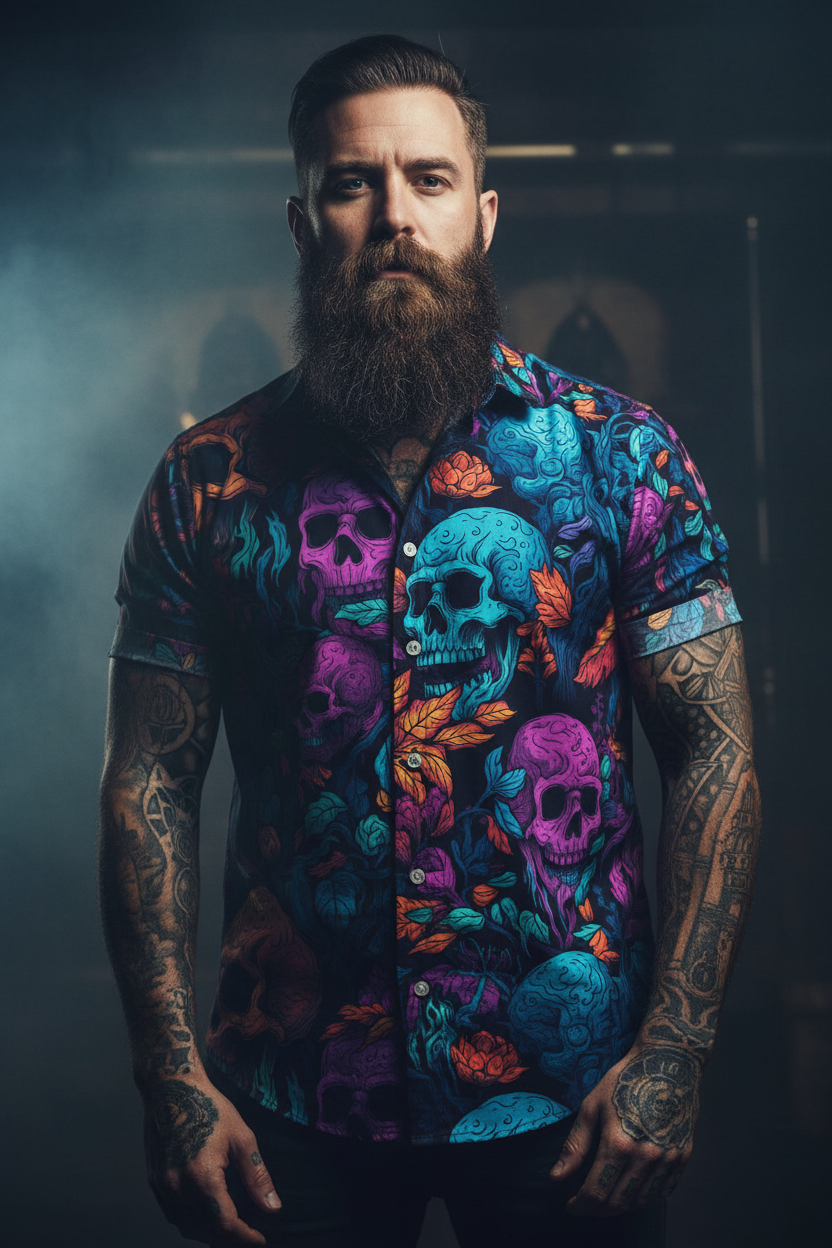 Chemise Homme Manches Courtes - Têtes De Mort Fluo, vue du produit