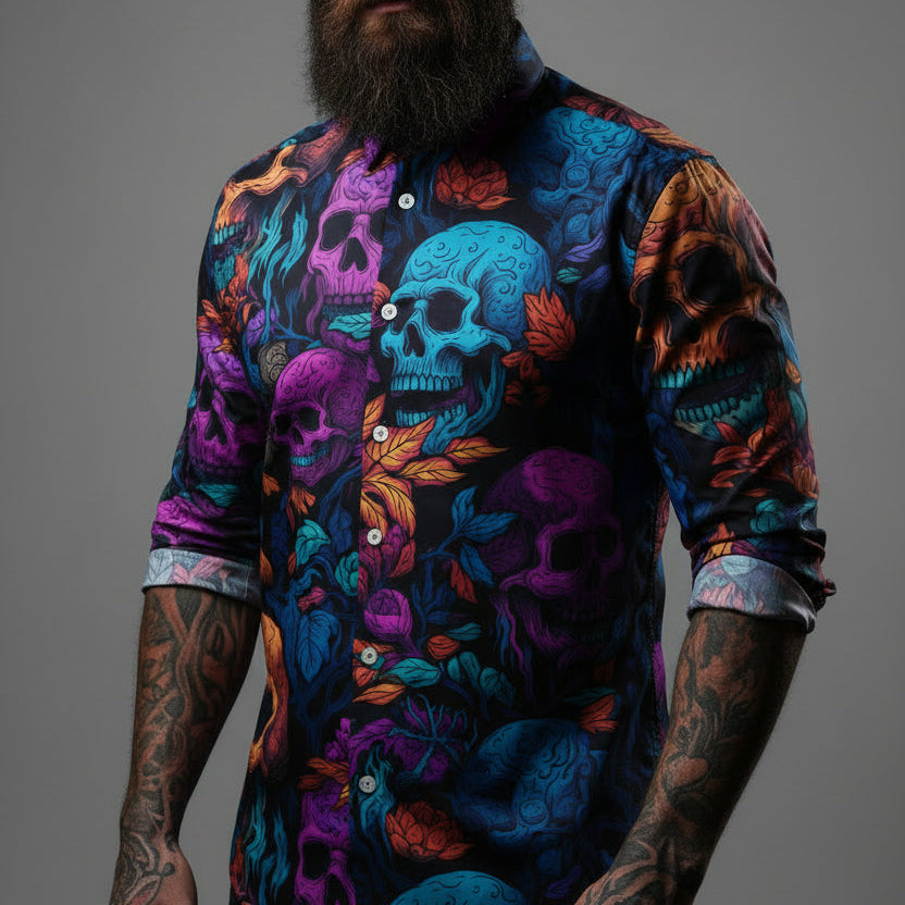 Chemise homme manches longues - Têtes de morts fluo