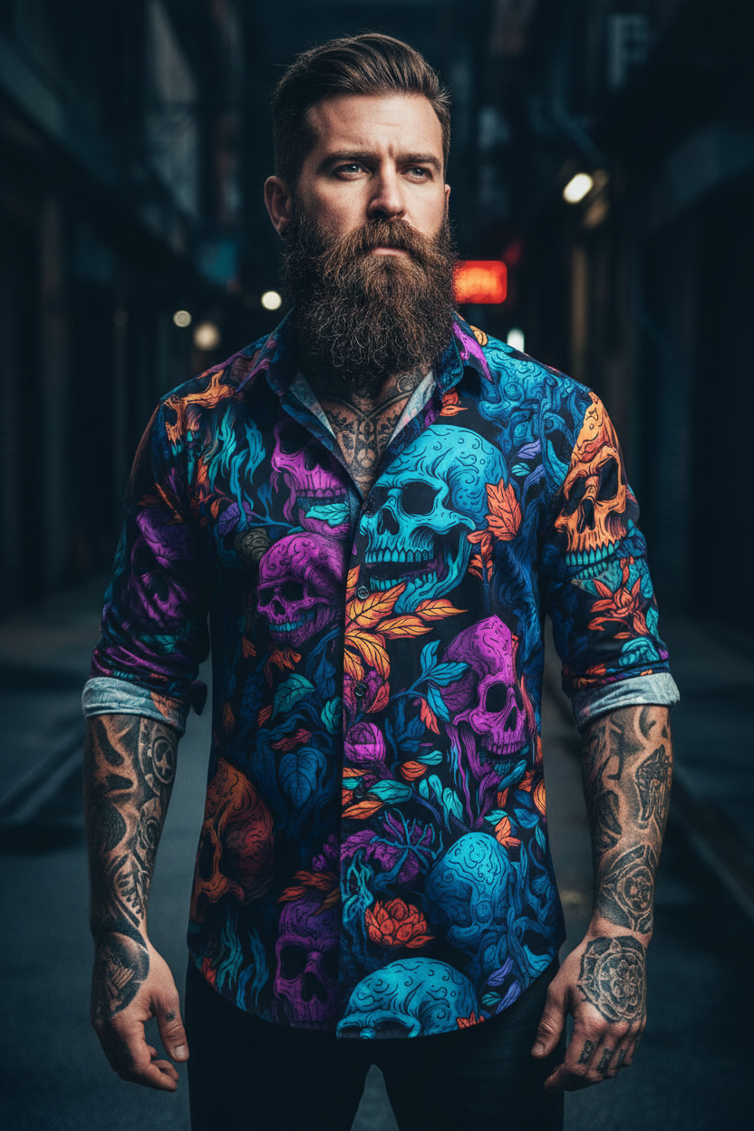 Chemise Homme Manches Longues - Têtes De Morts Fluo