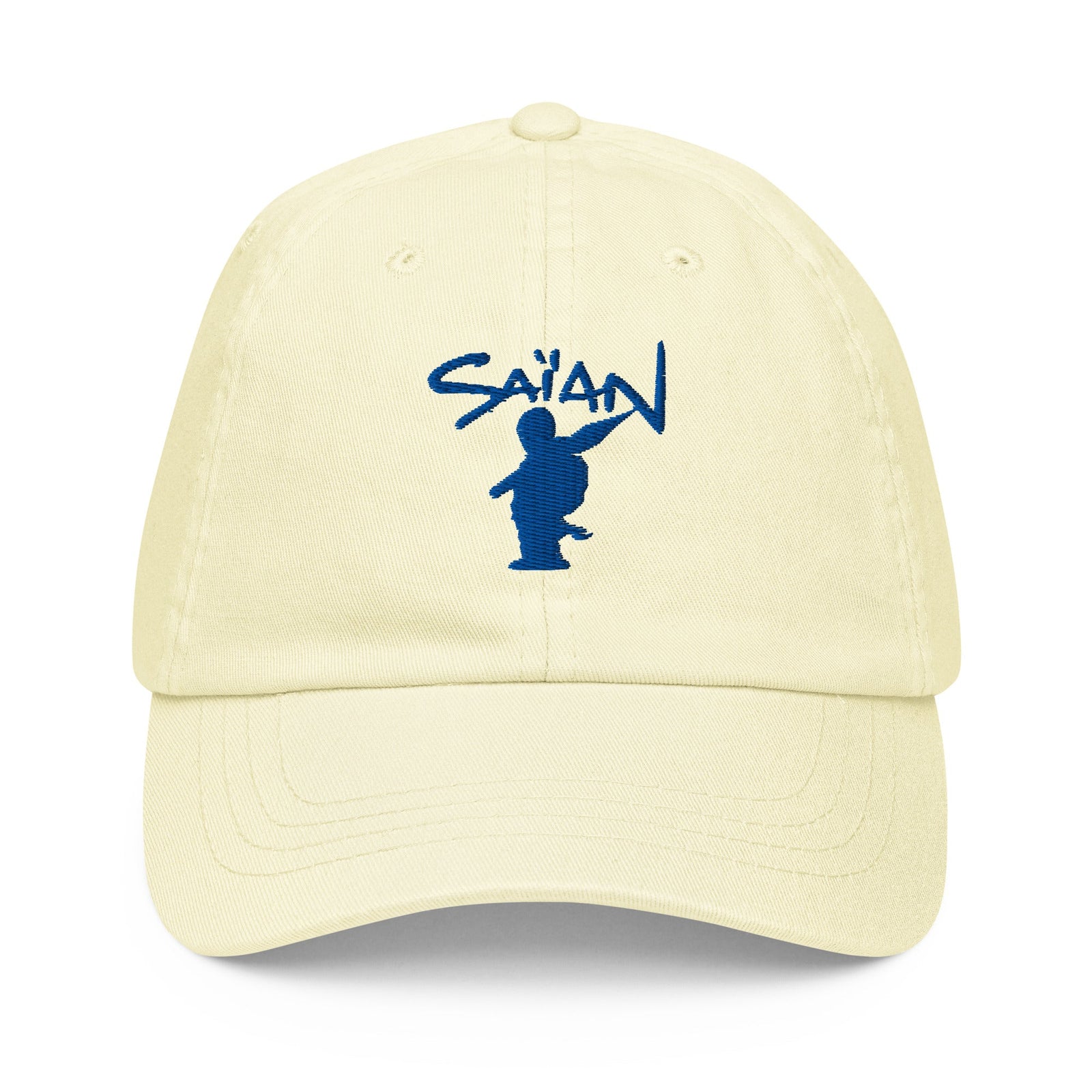 Casquette baseball pastel jaune Saïan Supa Crew vue de face, logo brodé bleu marine