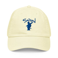 Casquette baseball pastel jaune Saïan Supa Crew vue de face, logo brodé bleu marine