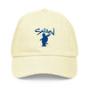 Casquette baseball pastel jaune Saïan Supa Crew vue de face, logo brodé bleu marine