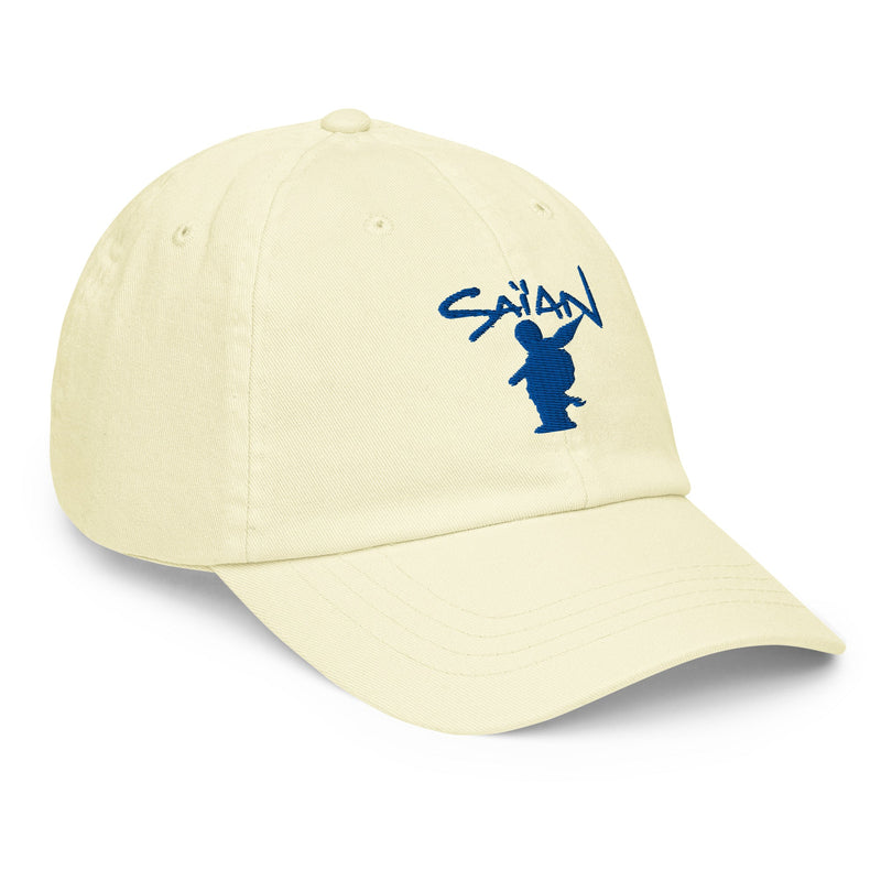 Casquette baseball pastel jaune Saïan Supa Crew vue trois-quarts droite, logo brodé bleu marine
