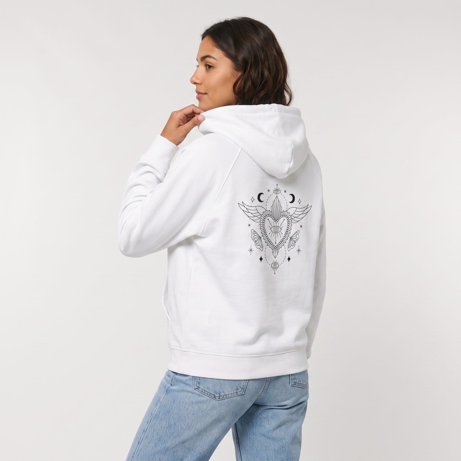 Détail capuche et dos du pull à capuche femme blanc oversize - CHT'M Boutique