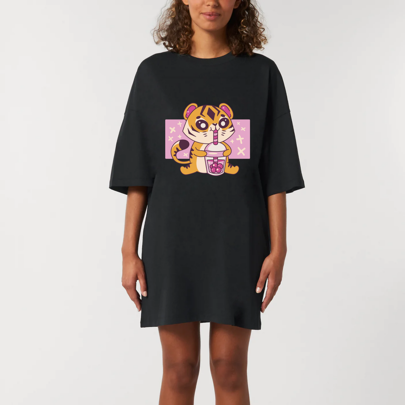 Robe t-shirt oversize chat manga kawaii femme coton bio - CHT'M Boutique