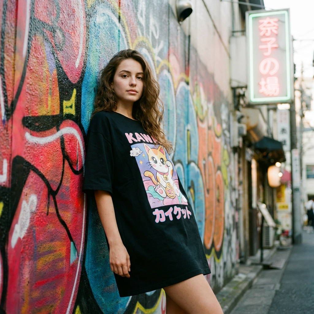 Robe t-shirt oversize chat manga femme streetwear mur street art - CHT'M Boutique